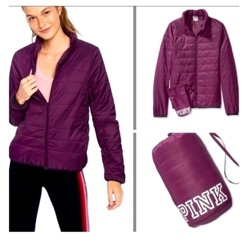 VICTORIA'S SECRET PINK PACKABLE PUFFER JACKET LUSCIOUS PLUM SIZE MEDIUM